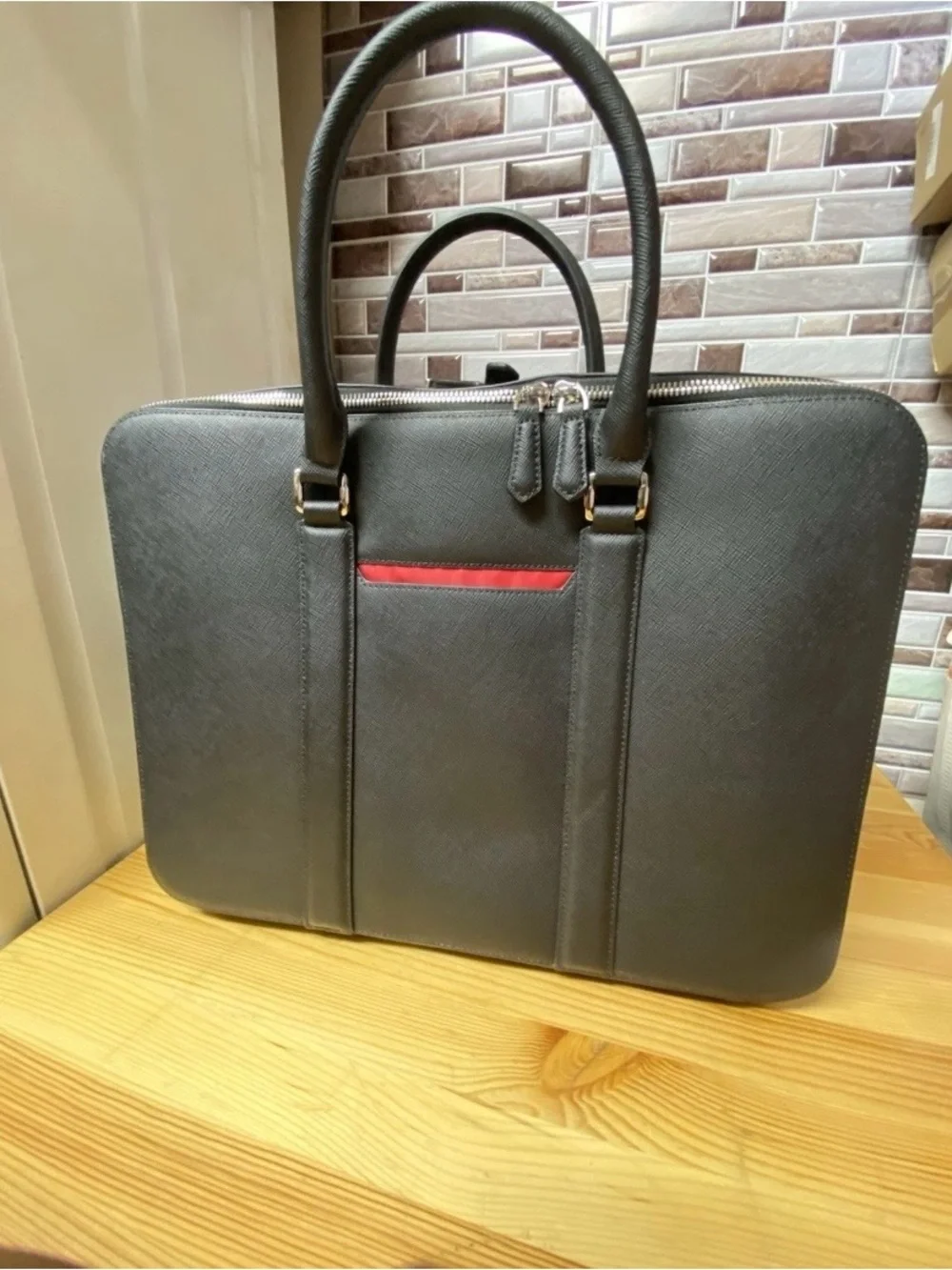 Maverick & Co Manhattan Double Zip Leather Briefcase Black/Red